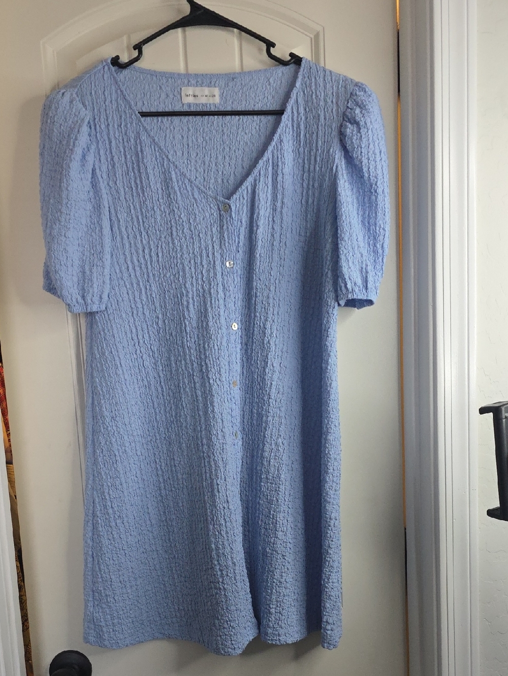 Light Blue Textured V-Neck Button-Front Mini Dress with Puff Sleeves
